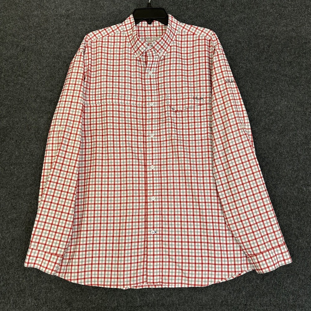 Huk Tide Point Performance Fishing Shirt Men's XL Red Gray Check LS Button Down - Picture 2 of 15